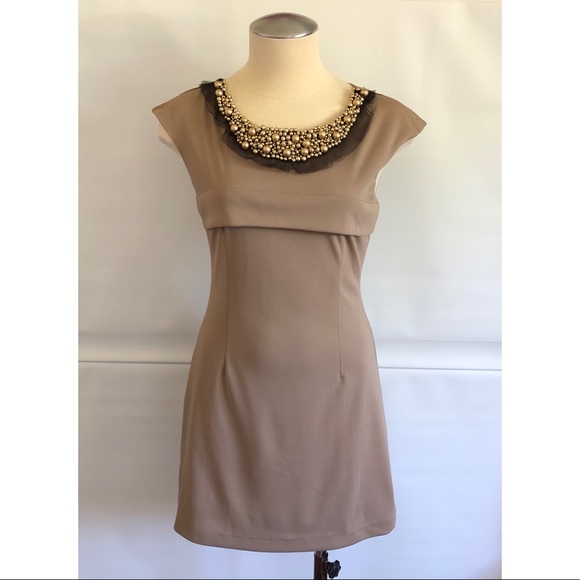 Petites Friendly Tan Mini Dress with Beaded Neckline - Picture 1 of 10